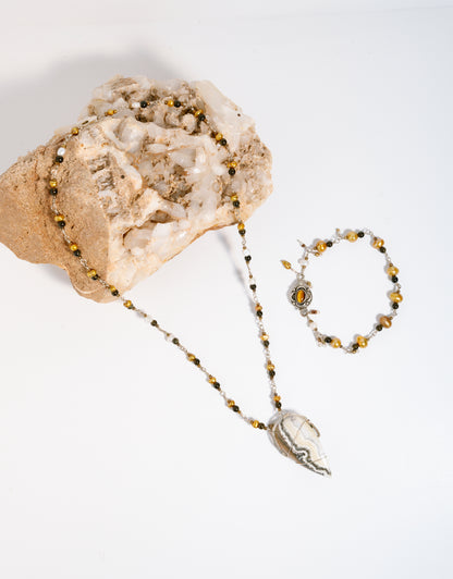 Freshwater Pearls, Gold-Sheen Obsidian, Tourmaline, Herkimer Diamonds, Agatized Jasper with .925 Silver Chain Necklace