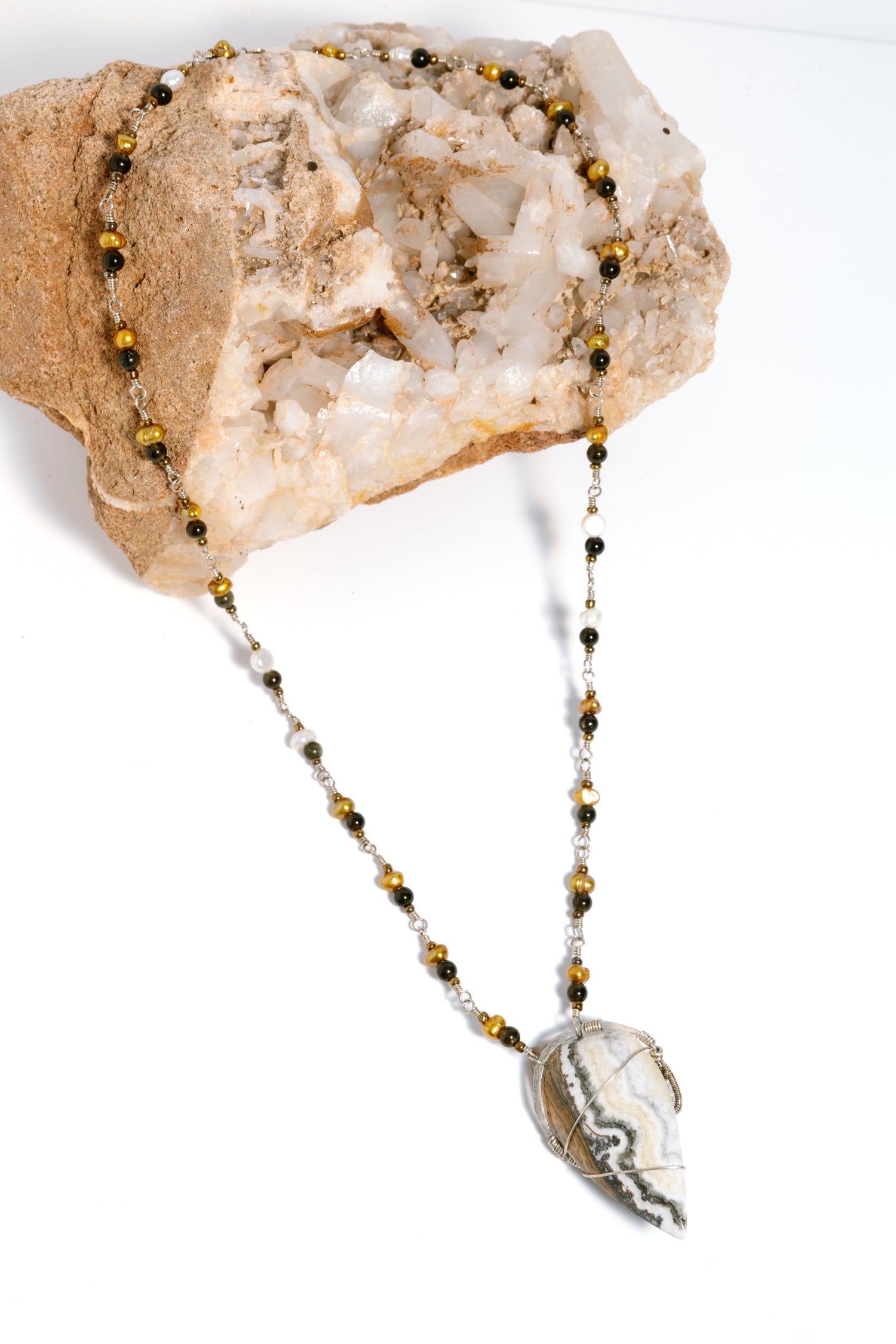 Freshwater Pearls, Gold-Sheen Obsidian, Tourmaline, Herkimer Diamonds, Agatized Jasper with .925 Silver Chain Necklace