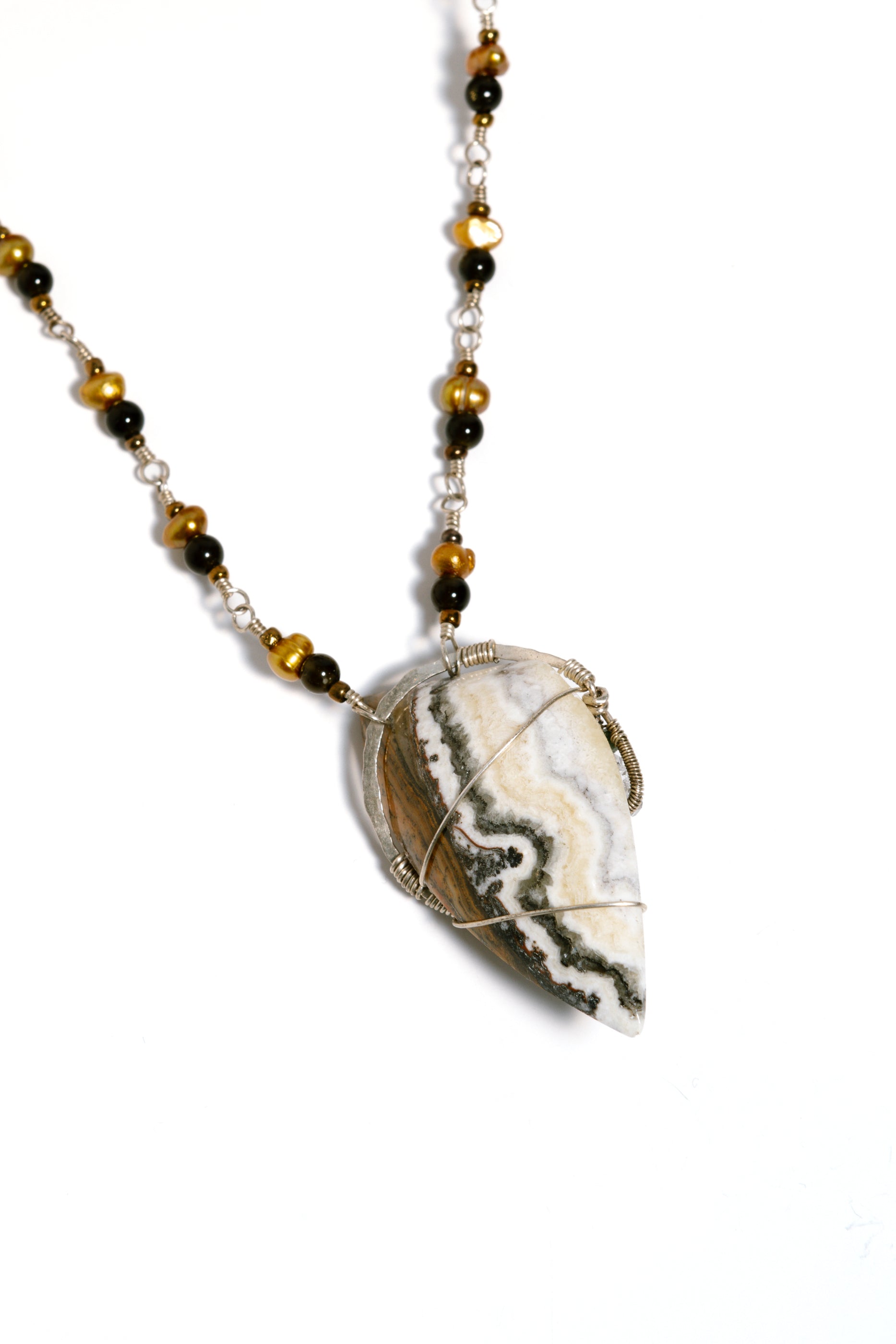 Freshwater Pearls, Gold-Sheen Obsidian, Tourmaline, Herkimer Diamonds, Agatized Jasper with .925 Silver Chain Necklace