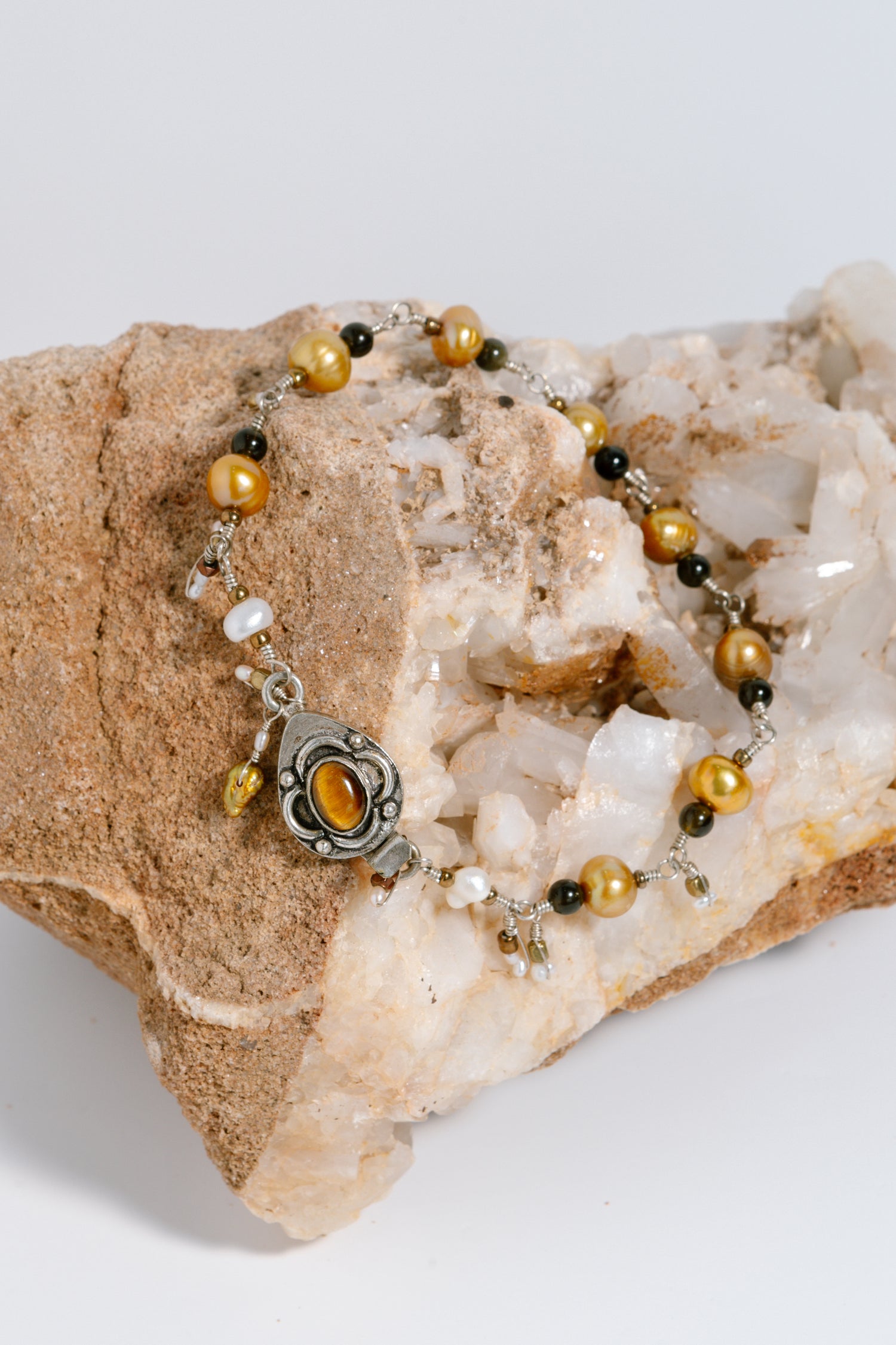 Freshwater Pearls, Goldsheen Obsidian, Tourmalinet Bracelet with Sterling Silver Chain