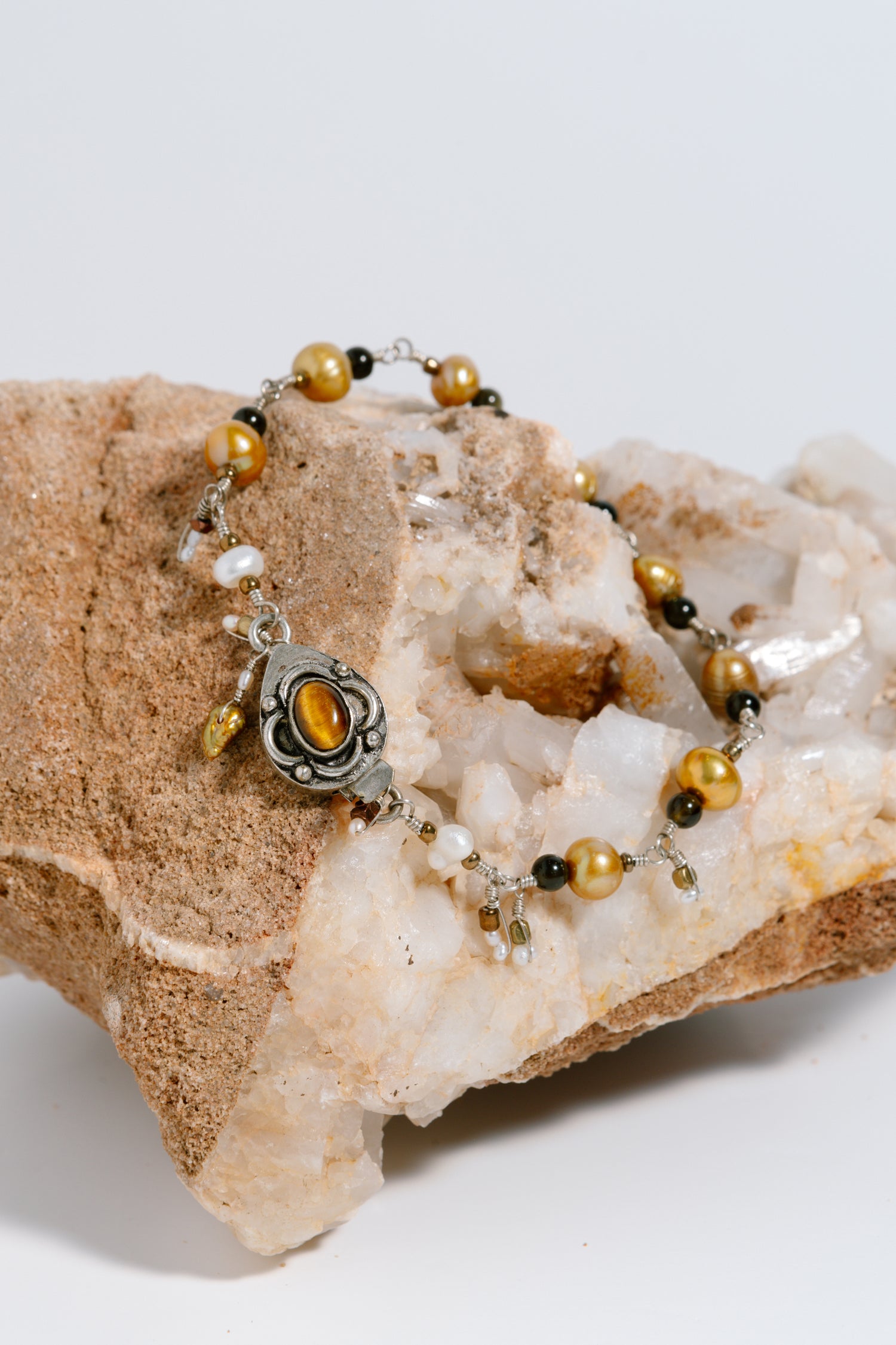 Freshwater Pearls, Goldsheen Obsidian, Tourmalinet Bracelet with Sterling Silver Chain