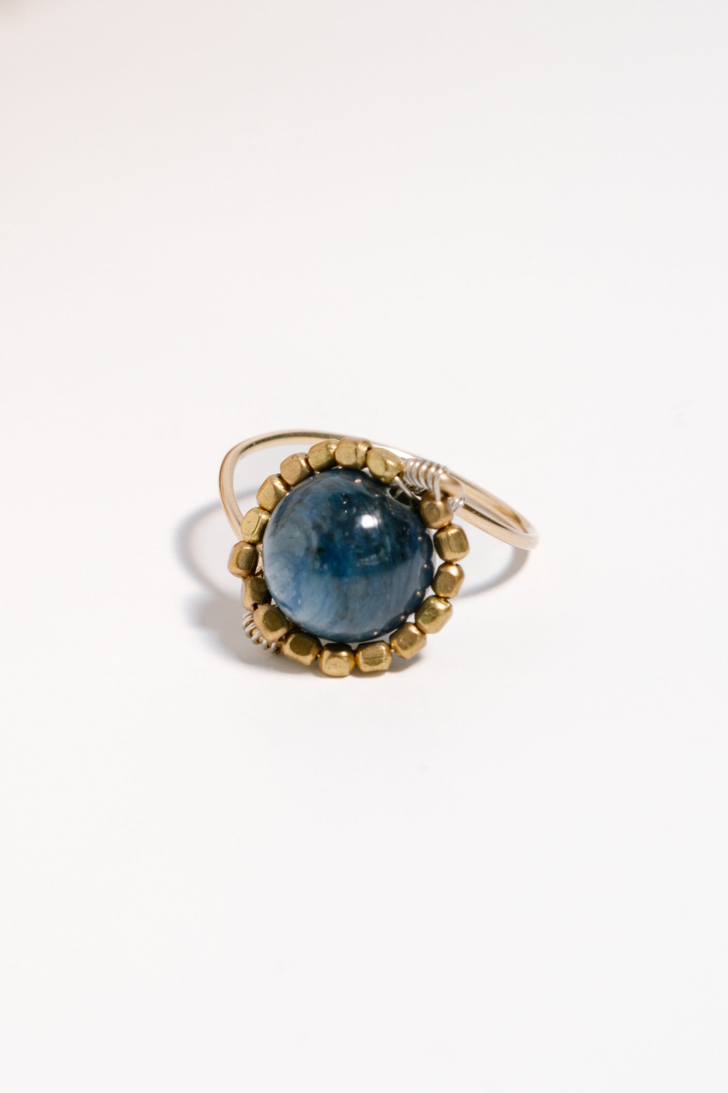 Kyanite Bead Ring, Brass Beads, 14kt Gold Plated Wire, Silver Wire