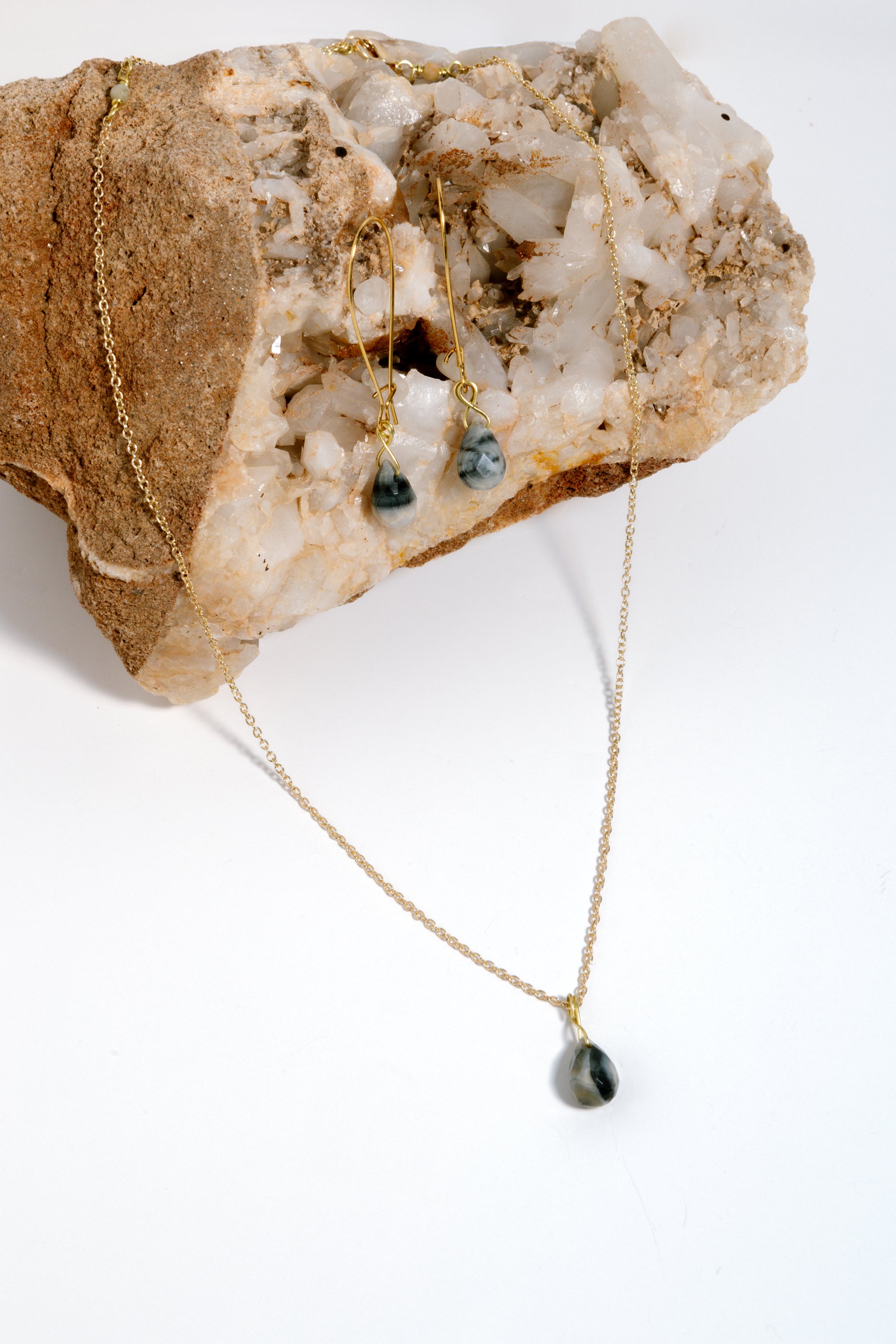 Ocean Jasper Briolette Necklace &amp; Earrings, 18k Coated Gold