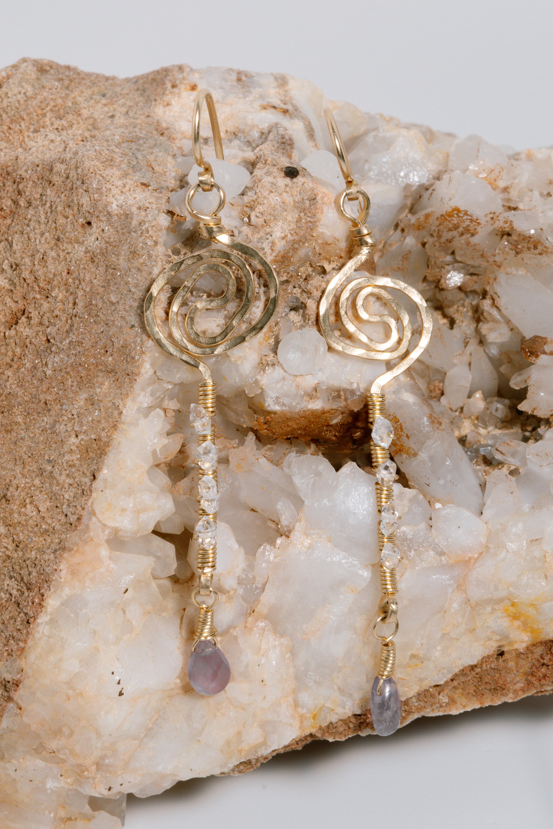 Amethyst, Herkimer Diamonds, 14kt Gold Chain Wire Spiral Necklace &amp; Earring Set