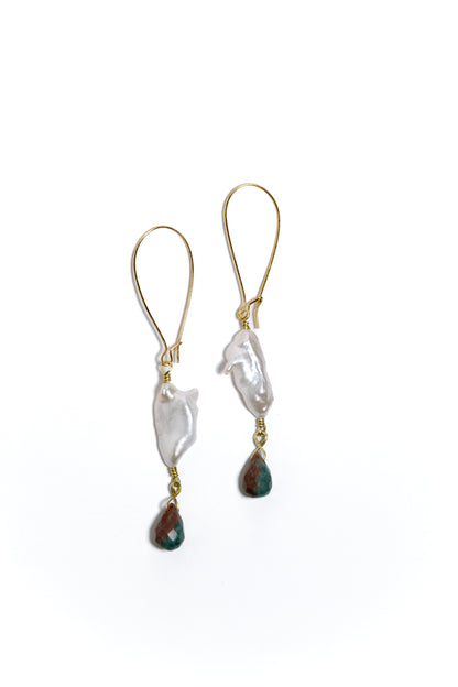 Fresh Water Pearl, Ocean Jasper Briolette, Brass Necklace and 18k Coated Earrings