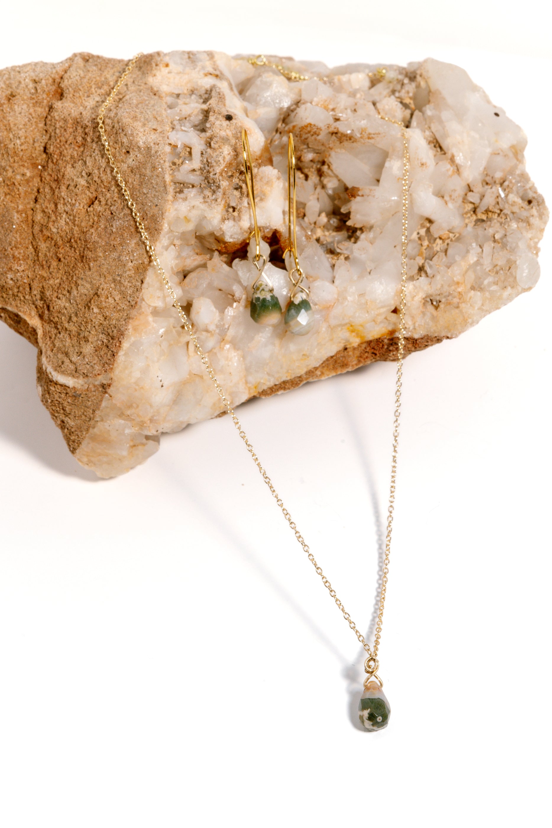 Ocean Jasper Briolette Necklace &amp; Earrings, 18k Coated Gold