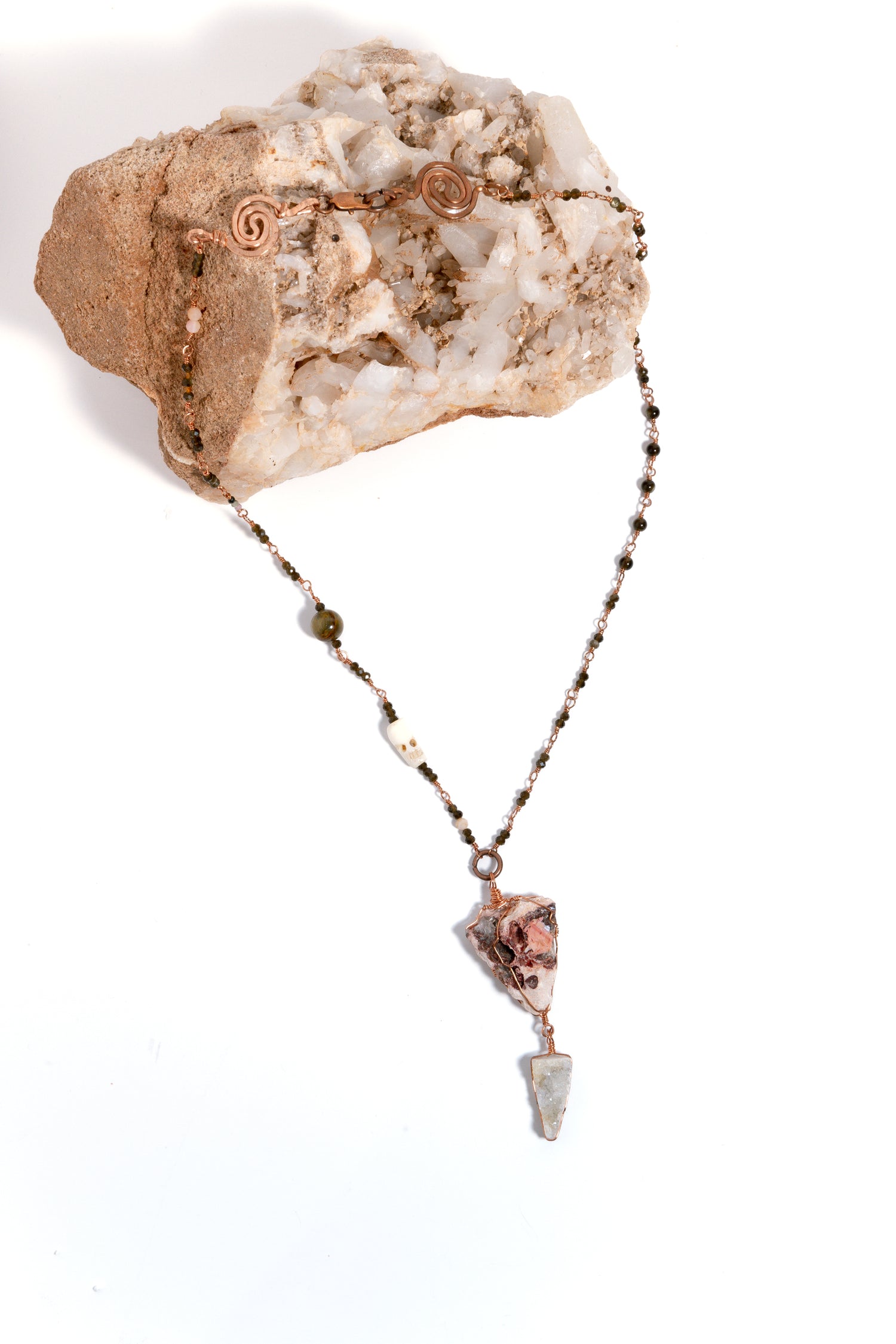 Raw Fire Opal &amp; Geode Handmade Copper Chain Necklace, Tourmaline, Goldsheen Obsidian