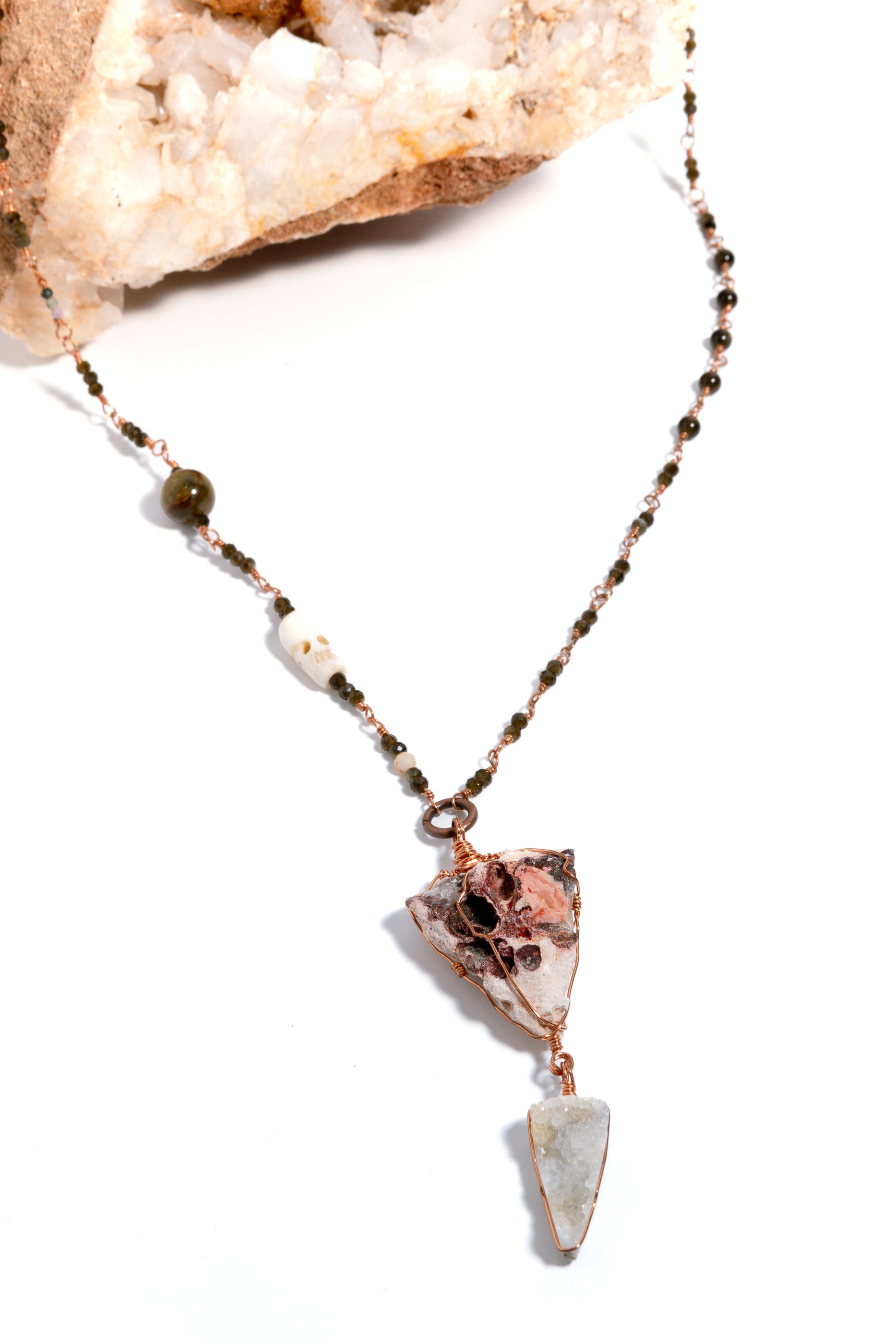 Raw Fire Opal &amp; Geode Handmade Copper Chain Necklace, Tourmaline, Goldsheen Obsidian