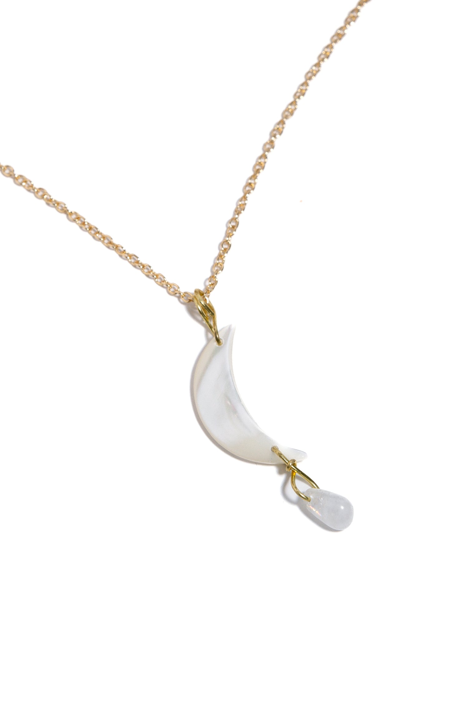 Freshwater Pearl Crescent Moon/Moonstone Tear Drop Necklace, 18k Gold Coated Brass